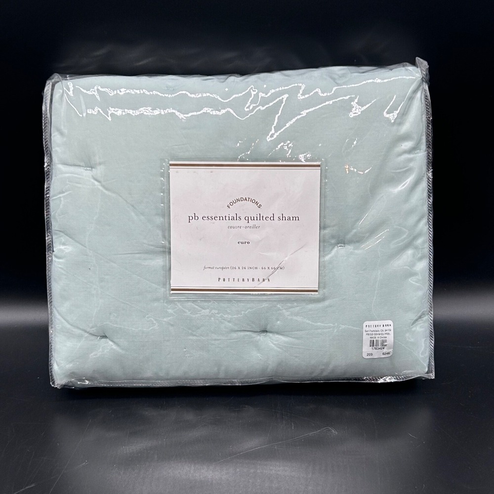 Pottery Barn Foundations Quilted‎ Sham Green Cotton Cross Stitch Euro New 26x26